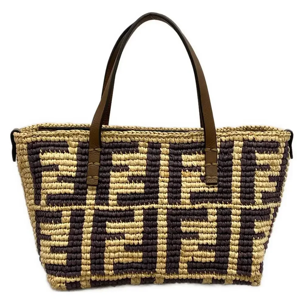 Fendi Roll Mini, Zucca Pattern Handbag 8BS096 Beige Dark Brown Straw Leather